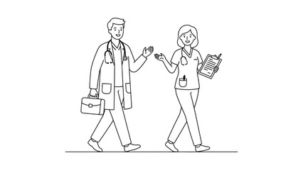 Obraz premium A male doctor and female nurse walking together in a hospital.