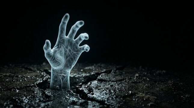 Spectral ghost hand emerging from cracked dark earth for Halloween
