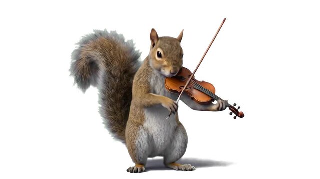 Detailed 3D model of a fluffy squirrel standing and playing a small classical violin with a bow, isolated on a clean white background. Ideal for music school ads, classical music promos, funny animal 