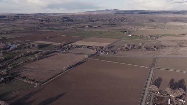 Aerial View of Agricultural Fields and Farms on the Rural Plains of Bridger, Montana