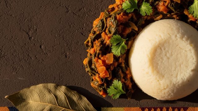 Traditional Ugali Cornmeal and Sukuma Wiki Collard Greens on Earth Brown Background with Copy Space