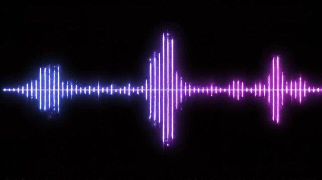 Glowing neon waveform animation with blue and magenta gradient lines pulsing on black background, seamless loop futuristic audio equalizer motion background