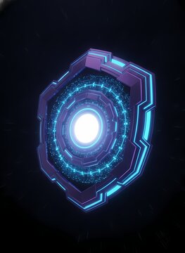 Futuristic glowing hexagon portal with neon light core. High-tech digital gateway emitting cyber energy in dark space.