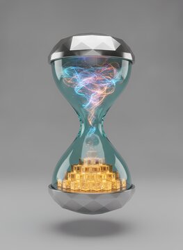 Hourglass with glowing sand and mystical light effects. Time concept visualization with shimmering golden particles and futuristic aura.