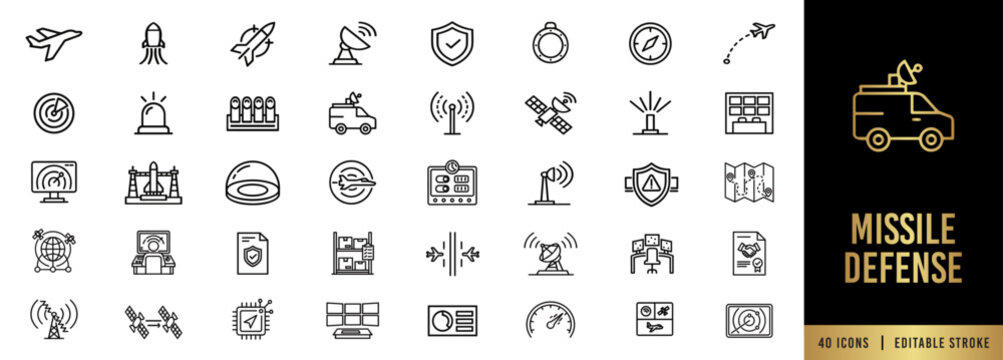 Missile Defense and Strategic Radar Line Icon Set. Tactical Aerospace, Satellite Tracking, and Military Command UI. 40 Editable Stroke Vectors.