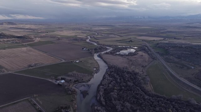 Aerial View of Agricultural Fields and Farms on the Rural Plains of Bridger, Montana