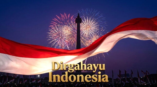 Indonesian flag waving with Monas monument and celebratory fireworks.