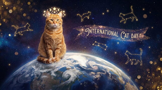 International Cat Day cat sitting on Earth in space.
