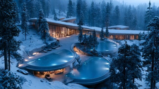 Luxury mountain spa featuring natural hot springs surrounded by pine forest under light snowfall, wellness retreat, tranquil atmosphere