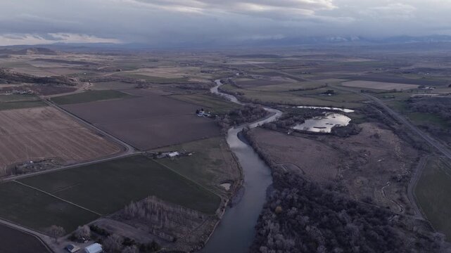 Aerial View of Agricultural Fields and Farms on the Rural Plains of Bridger, Montana