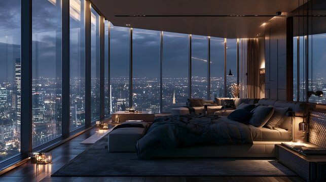 Luxury penthouse bedroom featuring floor to ceiling glass walls overlooking illuminated metropolis at midnight, premium interior visualization