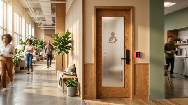 Office Hallway Interior Decorated With A Door And Plants
