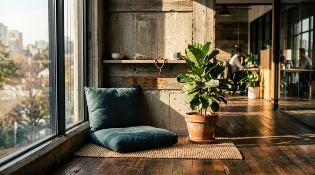 Cozy Interior Corner With A Window Seat And Green Plant