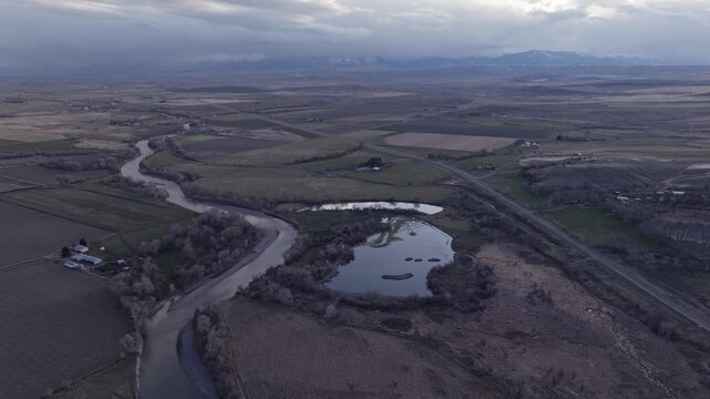 Aerial View of Agricultural Fields and Farms on the Rural Plains of Bridger, Montana