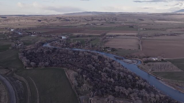 Aerial View of Agricultural Fields and Farms on the Rural Plains of Bridger, Montana
