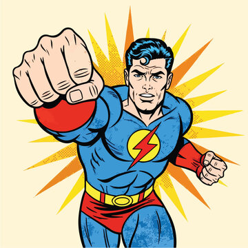 Vintage comic book superhero throwing a powerful punch.