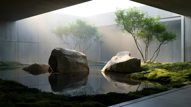 Minimal Japanese zen courtyard combining natural stone, moss garden and still reflecting water beneath soft morning mist, calming architectural harmony