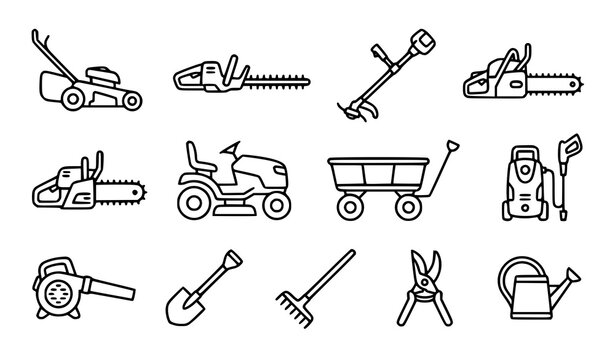 Minimal Garden Machinery Line Icon Pack Vector Illustration for Lawn Care and Landscaping