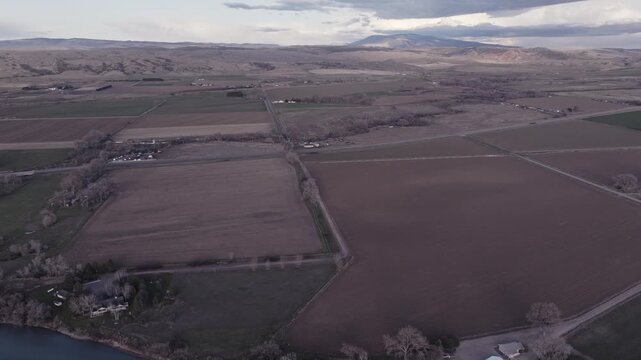 Aerial View of Agricultural Fields and Farms on the Rural Plains of Bridger, Montana