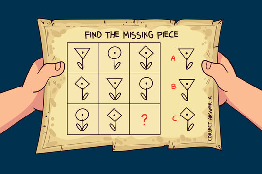 Cartoon puzzle. Find the missing piece with a 3x3 grid of simple flower symbols. Kids must choose the correct option by spotting patterns and completing the sequence. Funny vector illustration