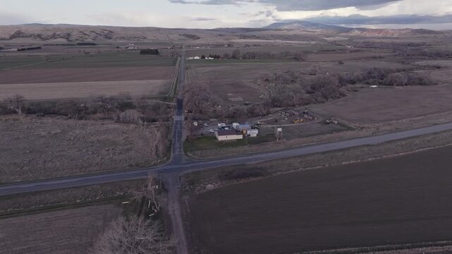 Aerial View of Agricultural Fields and Farms on the Rural Plains of Bridger, Montana