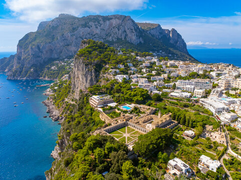 Aerial Drone View of Capri Island Town and Coast, Amalfi Coast, Italy