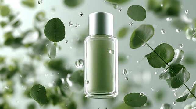 Premium moisturizer packaging surrounded by floating eucalyptus leaves and water droplets, clean beauty branding, fresh botanical atmosphere, photorealistic rendering