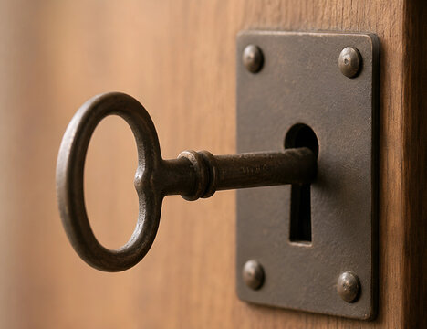 Old skeleton key inserted in rustic wooden door keyhole with security, entrance
