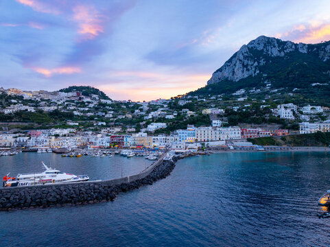 Aerial Drone View of Capri Harbor at Sunset, Amalfi Coast, Italy