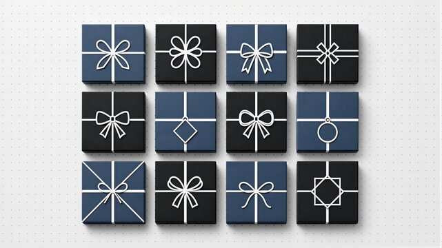 Top view of twelve square gift boxes arranged in grid for Black Friday shopping event