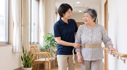 Fototapeta premium 介護施設の手すり付近で歩行ベルトを用いて自立支援を行う日本人女性ケアワーカー