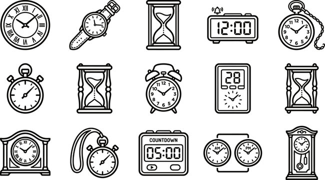 A collection of hand drawn doodle style clock and watch icons featuring various timekeeping devices like hourglasses pocket watches and digital alarm clocks