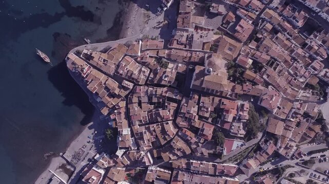 Aerial views of a small Spanish coastal town in the north eastern territory of Catalonia. Cadaques, Spain