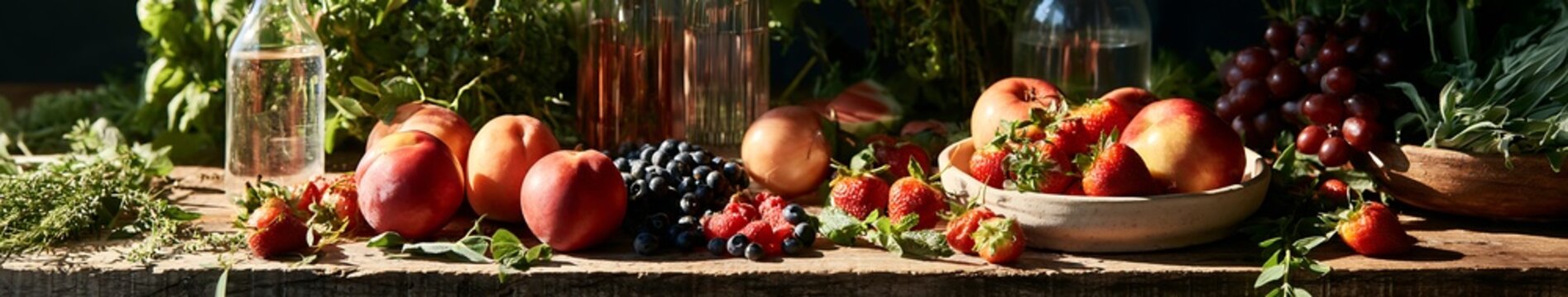 Late summer still life of fresh peaches, strawberries, blueberries and grapes on a rustic wooden table with herbs and glass bottles