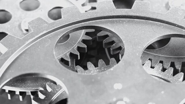 Extreme close-up shot looking through the circular frame of a foreground cogwheel to reveal interlocking dark metallic gears, symbolizing precision engineering, complex systems, teamwork, and automate
