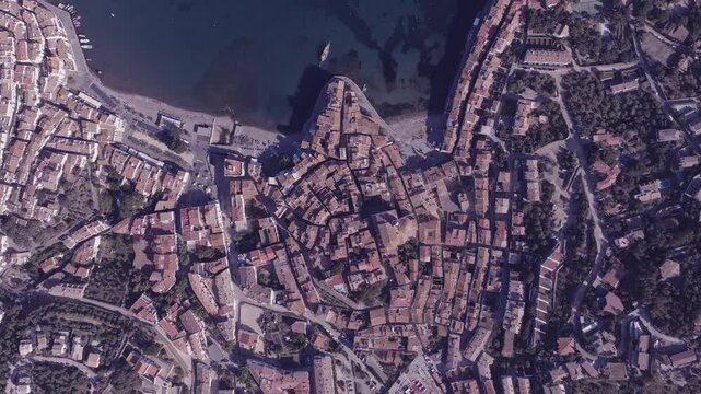 Aerial views of a small Spanish coastal town in the north eastern territory of Catalonia. Cadaques, Spain