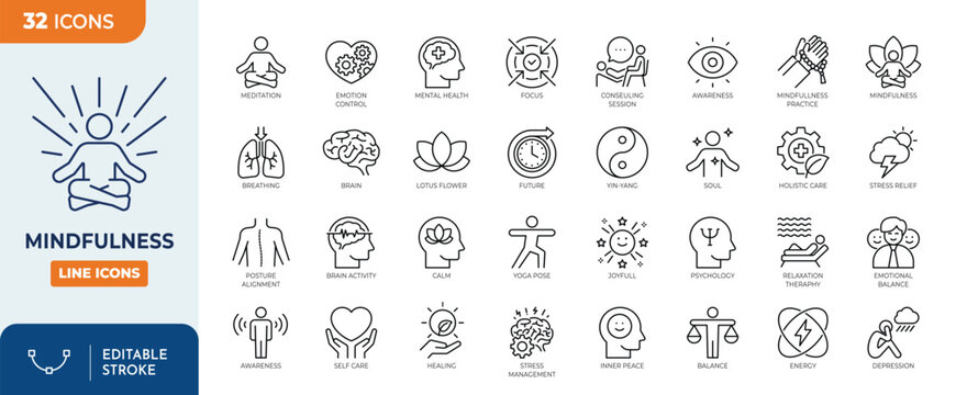 Mindfilness line editable icon set. Vector illustration