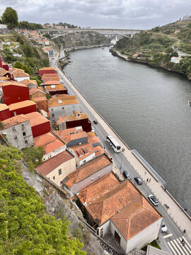 Riverside view of Porto Portugal with Douro and bridge