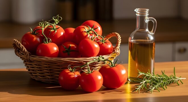 Freshly picked ripe red tomatoes in a rustic basket with olive oil and rosemary on a wooden table.
