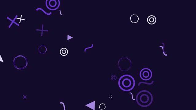 Abstract Geometric Pattern with Purple Circles Triangles and Crosses on Dark Background