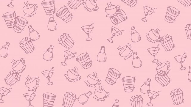 Hand Drawn Food and Drink Seamless Pattern Background with Pink Doodle Icons