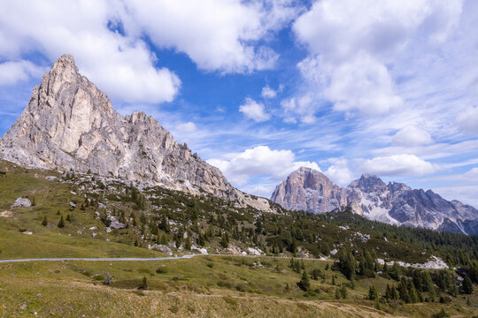Mountain landscape in the Dolomites under a blue sky