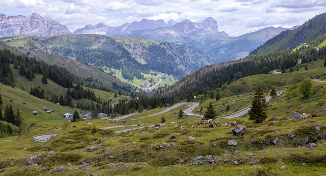 Alpine valley and winding road in the Dolomites landscape