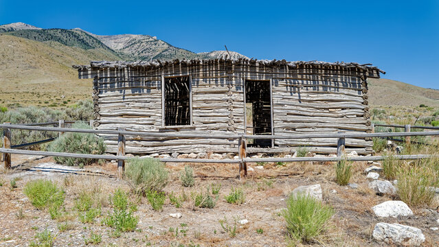 Panorama of an historic log cabin near Ruby Valley, Nevada, USA