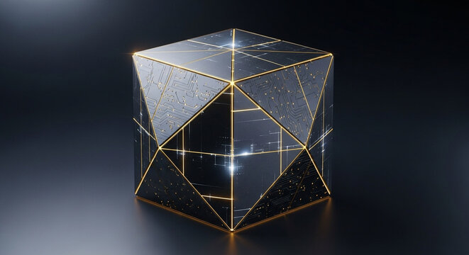 A geometric hexahedron showcases reflective marble surfaces and glowing golden frame accents that create a sophisticated visual display representing luxury design concepts for premium corporate