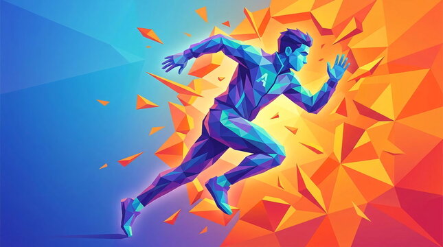 Low poly male athlete sprinting on orange geometric background.