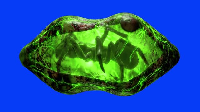 A realistic 3D render of an otherworldly, glowing green alien cocoon harboring a bizarre extraterrestrial life form, encased within an iridescent, translucent green shell. Isolated on a solid blue chr