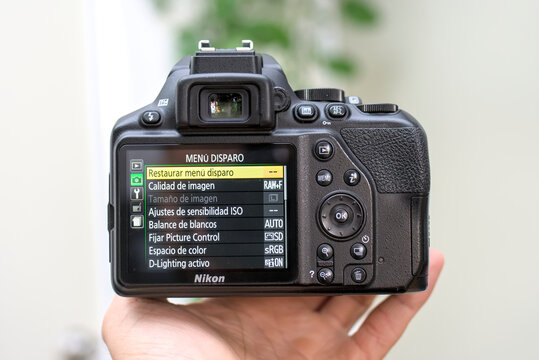 ZAPOPAN, MEXICO - JULY 25, 2026: Back display showing shooting menu of Nikon D3500 camera.