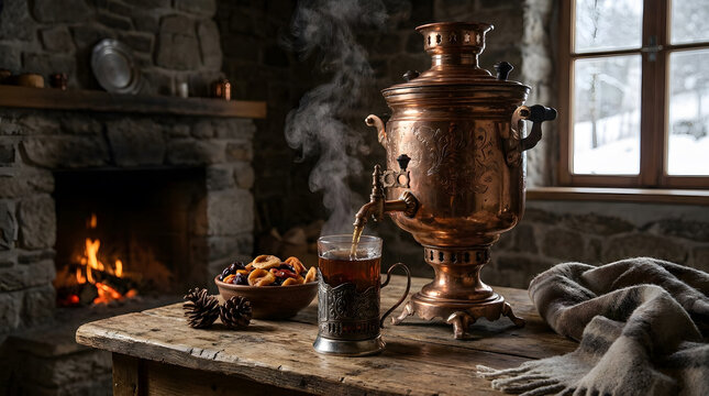 Traditional Russian Samovar with Steaming Hot Tea in Cozy Cabin by Fireplace