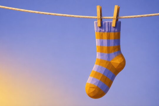 Low poly striped sock hanging on clothesline against pastel blue background